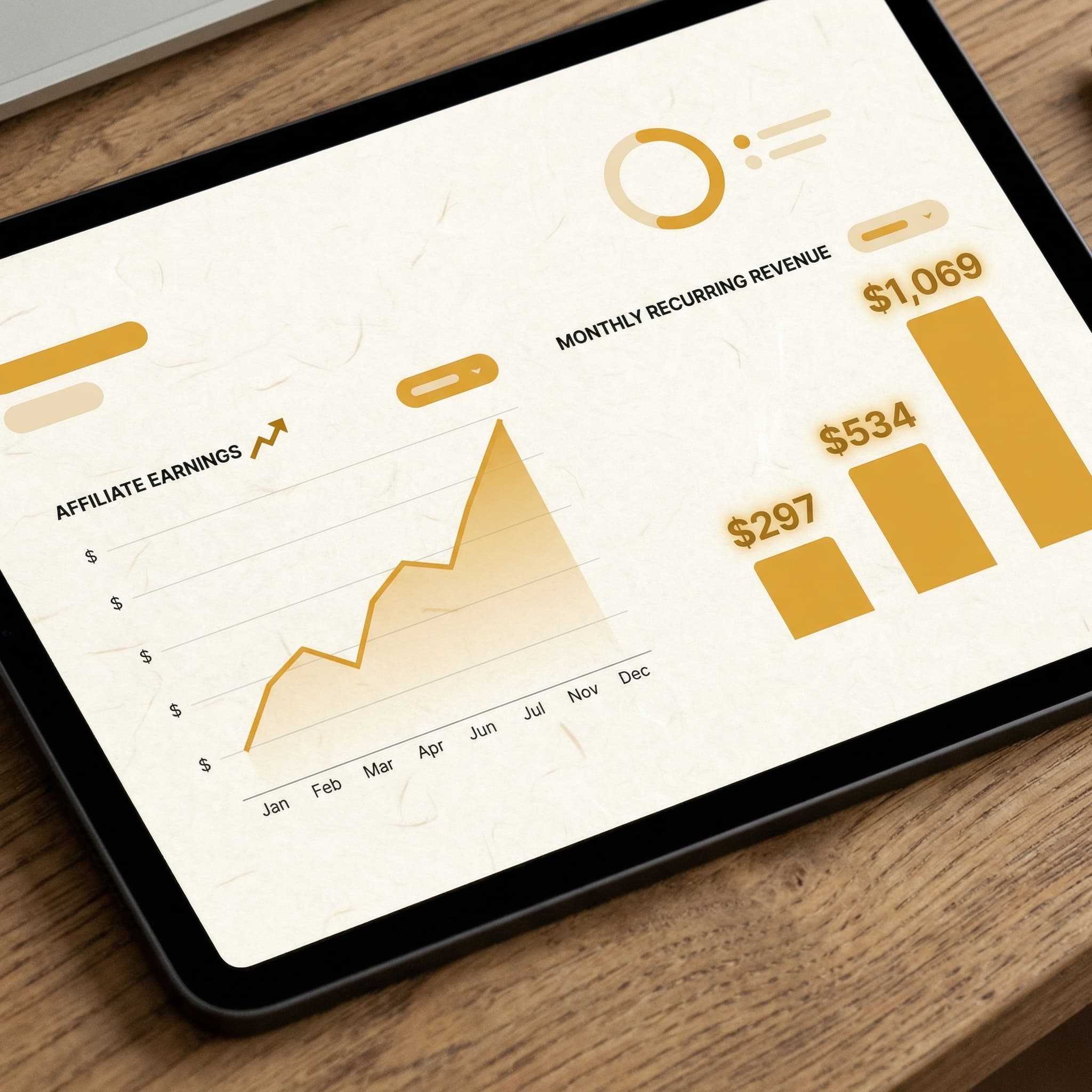 Affiliate earnings dashboard showing compounding monthly recurring revenue